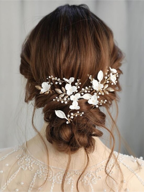 Women\'s Gold 1 6 Pieces Handmade Gold Leaf Pearls Flower Bridal Hair Bridesmaid main image 6